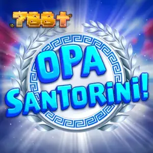 Cenário ensolarado de Santorini com elementos do jogo Opa Santorini